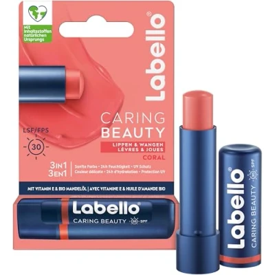 Abbildung von Labello Caring Beauty Coral Lippenpflegestift mit Farbe und Sonnenschutz, farbige Lippenpflege LSF 30, Vitamin E Bio Mandelöl, Lippenbalsam für Lippen Wangen (4,8 g)