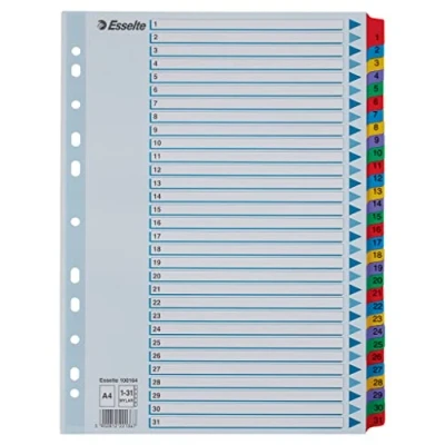 Abbildung von Esselte Register für A4, Deckblatt und 31 Trennblätter, Taben mit Zahlenaufdruck 1 31, Lochrand folienverstärkt (Mylar), Blau, Karton, 100164