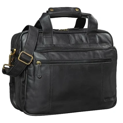 Abbildung von STILORD &#039;Experience&#039; Vintage Lehrertasche Leder groß für Herren Damen XL Aktentasche Business Schulter oder Umhängetasche Laptop Trolley aufsteckbar, Farbe:schwarz