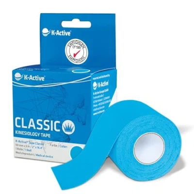 Abbildung von K Active Tape Classic Kinesiotapes super hautverträglich wasserfest Kinesiologie für Sport &amp; Therapie, extra langer Halt [5cmx5m] blau