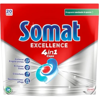 Abbildung von Somat Excellence 4in1 Caps (20 Caps), schnellauflösende Spülmaschinentabs, für exzellente Reinigung &amp; Glanz sogar im Eco Programm bei niedrigen Temperaturen