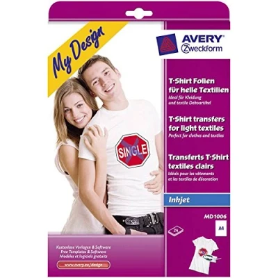 Abbildung von AVERY Zweckform MD1006 24 Textilfolien, T Shirt selbst gestalten, bedrucken (Bügelfolie, helle Textilien, DIN A4, bedruckbare Folie zum Aufbügeln, Transferfolie für Inkjet Drucker)