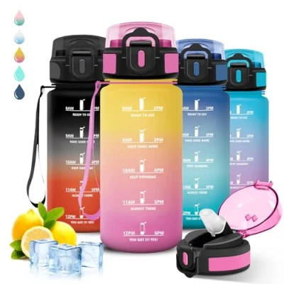 Abbildung von Trinkflasche, 500ml Trinkflasche Kinder, mit Strohhalm, Auslaufsicher, Kohlensäure Geeignet, Motivierendem Slogan, Zeitmarkierung, für Schule, Camping