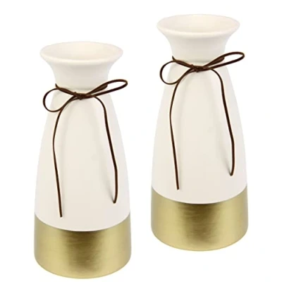 Abbildung von Vase mit Goldrand und Schleife aus Keramik Dekovase Einzelblumen Trockenblumen Zylindervase weiß matt Blumenvase Modern Vasen für Tischdeko Tischvase Dekoration Trockenblume Pampasgras