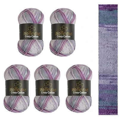 Abbildung von 5 x 100g Wollbiene Crazy Cotton Batik 500 Gramm mit Farbverlauf 55% Baumwolle mehrfarbig Multicolor Strickwolle Häkelwolle Wolle Ganzjahreswolle (6050 beere lila grau)