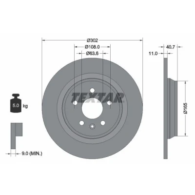 Abbildung von TEXTAR PRO 92162903 Bremsscheibe 302 11 05/06 108 voll beschichtet ohne Radbefestigungsbolzen, Radnabe VOLVO: V60 I, S60 II, II