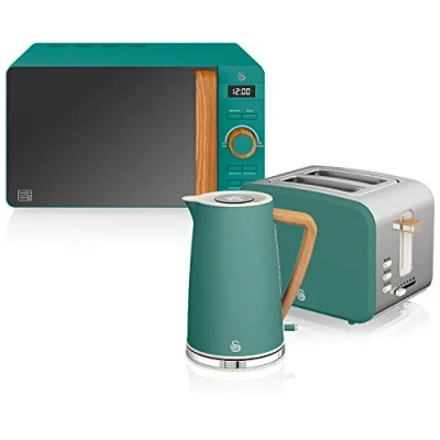 Abbildung von Swan Nordic Frühstücksset, Wasserkocher, 1,7 l, 2200 W, Breitschlitz Toaster, 2 Scheiben, digitale Mikrowelle 20 modernes Design, Holzoptik, Grün