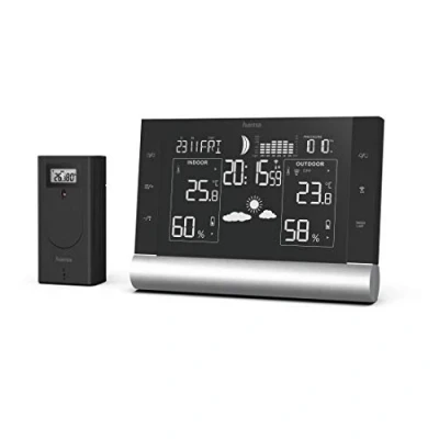 Abbildung von Hama Outdoor Wetterstation Funk mit Außensensor deutsch (mit Wettervorhersage, Wetterstationen Innen und Außentemperatur Thermometer, DCF Funkuhr) schwarz