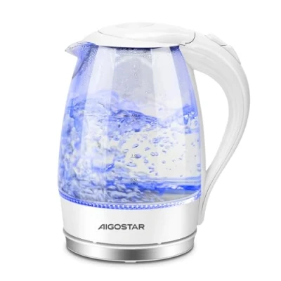 Abbildung von Aigostar Eve Wasserkocher Glas 1,7 Liter Weiß, Glaswasserkocher LED Beleuchtung, Optimierte Ausgusstülle, Kalkfilter, 360 Basis, 2200 Watt, Abschaltautomatik Trockenschutz, Edelstahl Heizelement