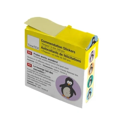Abbildung von TimeTEX Belobigungs Aufkleber &quot;Pinguin&quot; Lehrersticker für motivierendes Feedback 500 Sticker in praktischer Spender Box 1 Motiv mit verschiedenfarbigen Hintergründen 19 mm ø
