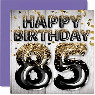Abbildung von Geburtstagskarte zum 85. Geburtstag für Männer schwarze und goldene Glitzerballons Happy Karten 85 Jahre alten Mann Papa Great Grandad Grandpa Gran 145 mm Geburtstagskarten Geschenk