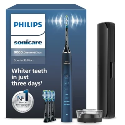 Abbildung von Philips Sonicare DiamondClean elektrische Zahnbürste der 9000er Serie Schallzahnbürste, sauberere Zähne und Mundpflege mit 4x C3 Premium Plaque Defense Bürstenköpfen, Aquamarine (Modell HX9911/89)