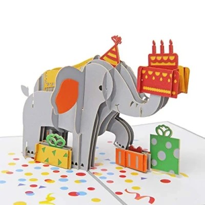 Abbildung von Favour Pop Up® 3D Glückwunschkarte zum Geburtstag. Ein filigranes Kunstwerk, das sich beim Öffnen als Elefant mit Geschenken entfaltet. TB132