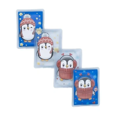 Abbildung von Taschenwärmer wiederverwendbar 4er Set Verschiedene Designs Handwärmer für unterwegs Winter Hand Taschen Wämer Wichtel Nikolaus Weihnachten Geschenk (Pinguin eckig)