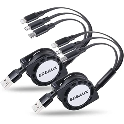 Abbildung von Multi USB Kabel 3 in 1 [3A 1M 2Stück], Einziehbares Universal Mehrfach Ladekabel mit Micro Typ C iP für iPhone, Android Samsung Galaxy S23 S22, Huawei, Sony, Xiaomi, LG, Moto, Echo Dot