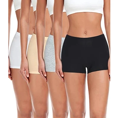 Abbildung von wirarpa Damen Baumwolle Boxershorts Panties Unterhosen Radlerhose unter Kleid mit Baumwoll Schritt 4er Pack Schwarz Grau Weiß Beige Größe M