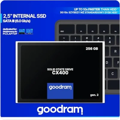 Abbildung von goodram SSD 256GB CX400 Gen.2 Solid State Drive mit SATA III Interface 3D TLC NAND Flash Speicherchips 2,5 Zoll zur Beschleunigung Ihres PCs bis zu 10 Mal Schwarz 256 GB