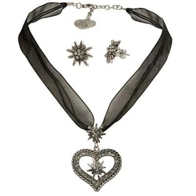 Abbildung von Alpenflüstern Trachtenschmuck Set Organza Trachtenkette Strassedelweissherz und Trachten Ohrstecker Strass Edelweiss Damen Schmuck, Trachtenset Kette Ohrringe schwarz SET043