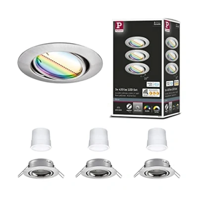 Abbildung von Paulmann 92467 LED Einbauleuchte Base Smart Home Zigbee Basisset schwenkbar rund 230V 3x4,9W 3x420lm dimmbar 90mm Eisen gebürstet Metall RGBW+