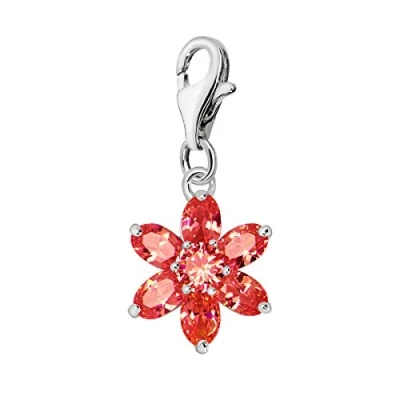 Abbildung von Quiges Charm Anhänger Kristall Rot Zirkonia Blume Juli Geburtsstein 925 Silber mit Karabinerverschluss für Bettelarmband