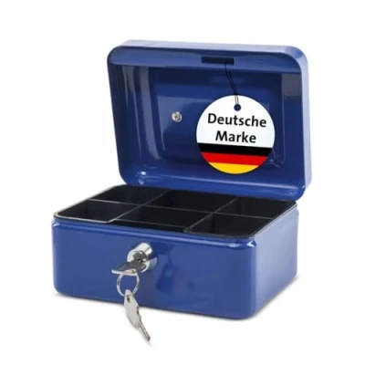 Abbildung von MAUL Geldkassette aus Stahl 15,2x12,5x8 cm abschließbar klein mit Münzgeld Einsatz Kasse 2 Schlüsseln Ideal als Spardose, Sparbox, Trinkgeldkasse Blau