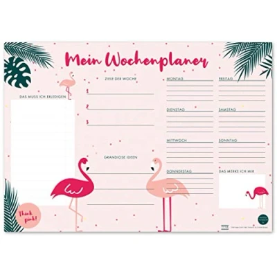 Abbildung von TYSK Design Schreibtischunterlage Flamingo rosa 2er Pack (Design wählbar) Tischunterlage aus Papier zum Abreißen DIN A3 To Do Liste Notizblock Wochenplaner