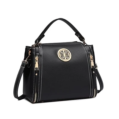 Abbildung von Miss Lulu Handtasche Damen Schultertasche Henkeltasche Pu Leder Elegant Umhängetasche Mittlere Top Griff Tasche (Schwarz)