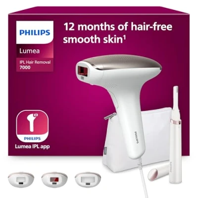 Abbildung von Philips Lumea IPL Haarentfernungsgerät 7000 Series mit Satin Compact Korrekturtrimmer, 3 Aufsätze für Körper, Gesicht und Bikinizone (Modell BRI923/00)