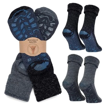 Abbildung von MOUNTREX Stoppersocken Wintersocken, Anti Rutsch Alpaka Socken, Wollsocken Damen Herren Warme ABS Haussocken, Dicke Antirutschsocken 2 Paar (Blau/Jeans mit ABS, 39 42)