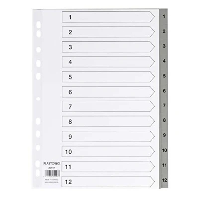 Abbildung von 5er Set 12 teiliges Register/Trennblätter aus PP, DIN A4 mit Zahlen 1 12, volldeckend + praktischem Deckblatt stabilem Papier zum Beschriften. Trenn Blätter für die Ordner Organisation im Büro