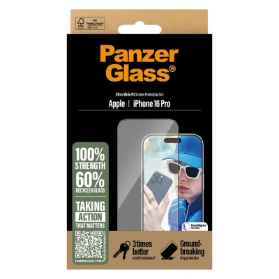Abbildung von Apple iPhone 16 Pro Panzerglas PanzerGlass Ultra Wide Fit Screenprotector Antibakterieller Displayschutz für das