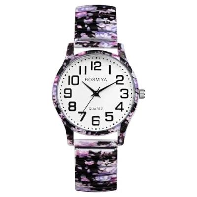 Abbildung von JewelryWe Damenuhr Boho Elastische Uhr: Bohemian Stil Violett Blumen Floral Druck Analog Quarz Armbanduhr Damen Edelstahl Stretch Armband Lässige Uhr mit Bedruckt Zugarmband und großen Zahlen