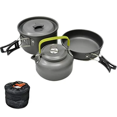 Abbildung von JZK Camping Kochgeschirr Set 2 3 Personen Faltbare Kochtopf Stieltopf Pfanne Teekanne, Aluminium, für Outdoor Picknick und Wanderreisen