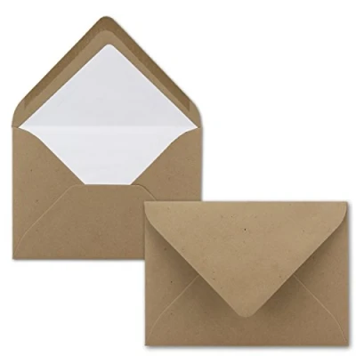 Abbildung von 25 Briefumschläge Sandbraun (Braun) aus Kraftpapier DIN C6 gefüttert mit weißem Seidenpapier 120 g/m² 114 x 162 mm Nassklebung für Hochzeiten, Einladungen, Briefe