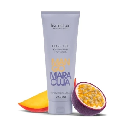 Abbildung von Jean &amp; Len Duschgel Mango Maracuja, pH hautideal, belebendes Duscherlebnis, angereichert mit und Maracuja Extrakt, veganes Duschgel, ohne Parabene Silikone, 250 ml