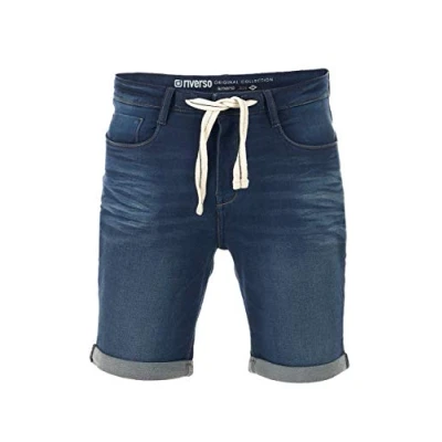 Abbildung von riverso Jeans Shorts Herren Stretch Kurz Kordelzug Regular Fit RIVPaul Kurze Hosen Bermuda Sommer Denim Einfarbig, Größe:W 40, Farbe:Dark Blue (D147)