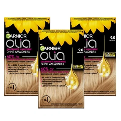 Abbildung von Garnier Olia Dauerhafte Haarfarbe ohne Ammoniak, Mit pflegenden und natürlichen Ölen, Vollständige Grauhaarabdeckung, Permanente Coloration, Nr. 9.0 Hellblond, 3 x 1 Stück