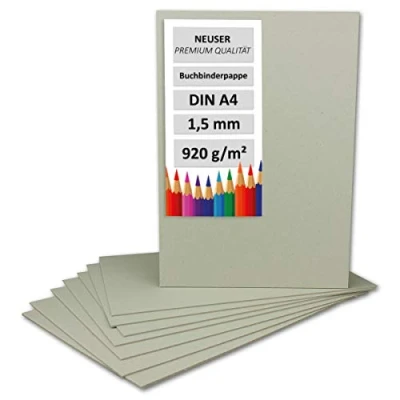 Abbildung von 30 Stück Buchbinderpappe DIN A4 Stärke 1,5 mm (0,15 cm) Grammatur: 920 g/m² Format: 29,7 x 21 cm Farbe: Grau Braun