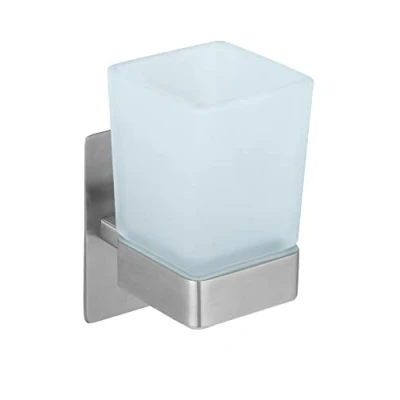 Abbildung von WENKO Turbo Loc Zahnputzbecher Genova Matt, Wand Zahnputzbecher, Befestigen ohne Bohren, Edelstahl/Glas satiniert, 6,2 x 13,2 9 cm, Silber matt