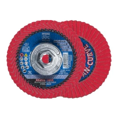Abbildung von PFERD Polifan® Curve Fächerscheibe, radial, 11,4 cm x 1,6 Gewinde, 60er Körnung, Keramikoxid, Schweißzubehör und Winkelschleifer Aufsatz, für Stahl Edelstahl (INOX), 1 Stück, Teil 67258