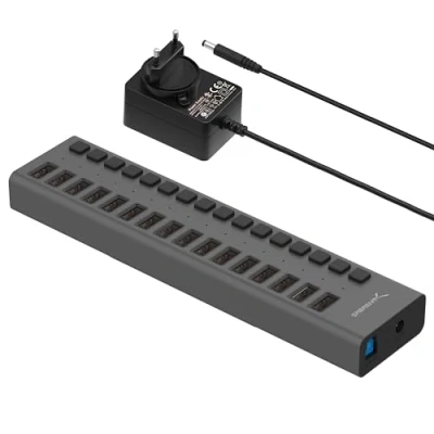 Abbildung von SABRENT 16 Port USB Hub Aktiv mit Netzteil 90W Ladegerät Mehrfach Schaltern, Mount Bracket 2 in 1 Ladestation &amp; Aktiver Powered 3.2x1, Charger für Handy, Laptop, PC, usw (HB PU16)