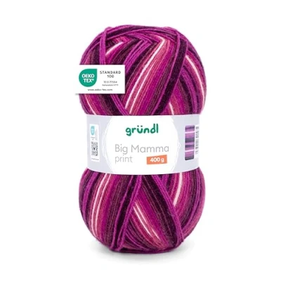 Abbildung von Gründl Wolle Big Mamma Print XXL zum Stricken Großknäuel 400 g / 1040 m Farbverlauf aus 100% Polyacryl fuchsia himbeer bordeaux weiß