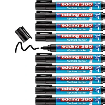 Abbildung von edding 380 Flipchart Marker schwarz 10 Stifte Rundspitze 1,5 3 mm Stift zum Schreiben, Zeichnen und Markieren auf Flipcharts Tinte schlägt nicht durch Papier trocknet aus farbintensiv