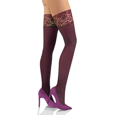Abbildung von sesto senso Halterlose Strümpfe 50 DEN Spitze Mikrofaser Blickdicht Damen Weinrot 3/4 M/L Bordo