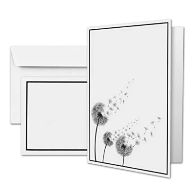 Abbildung von 25 x Trauerkarte DIN A6 Motiv Pusteblumen + Trauerumschläge C6 schwarzer Trauer Rahmen 10,5 14,8 cm Doppelkarte bedruckbar Kondolenz Set für Danksagung, Einladung, Anzeige