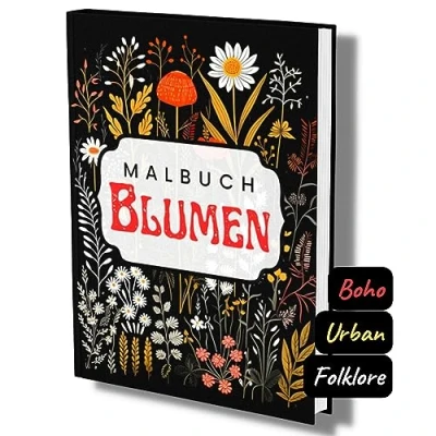Abbildung von Schwarzes Malbuch Blumen: Florale Boho Folklore Einfach wunderschön! Elegantes Blumen für Erwachsene mit schwarzem Hintergrund. Format: A4.