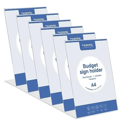 Abbildung von Europel Budget Tischaufsteller, 6 Stück, L Ständer, DIN A4 Hoch, Glasklar Polystyrol 1,5 mm, Speisekarten &amp; Prospektständer für Restaurants, Hotels, Konferenz Rezeption