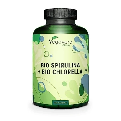 Abbildung von BIO SPIRULINA CHLORELLA Vegavero® Hochdosiert: 2000 mg Pulver 240 Kapseln 100% QUALITÄT Laborgeprüft Vegan &amp; Ohne Zusätze