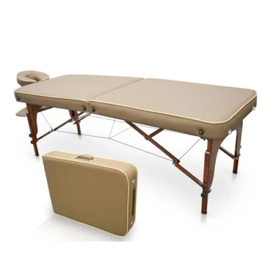 Abbildung von QUIRUMED Massageliege für SPA, tragbar, Holz, Sandfarbe, lackiertes Kunstleder, hochdichte Polsterung, höhenverstellbar, klappbar, abnehmbarer Kopf, bis zu 210 kg