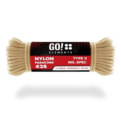 Abbildung von GO!elements 15m Paracord Seil aus reißfestem Nylon 3mm 425 Typ II max. 192kg Schnüre als Outdoor Seil, Allzweckseil, Survival Armband, Hundeleine, Nylonschnur, Farbe: Sand